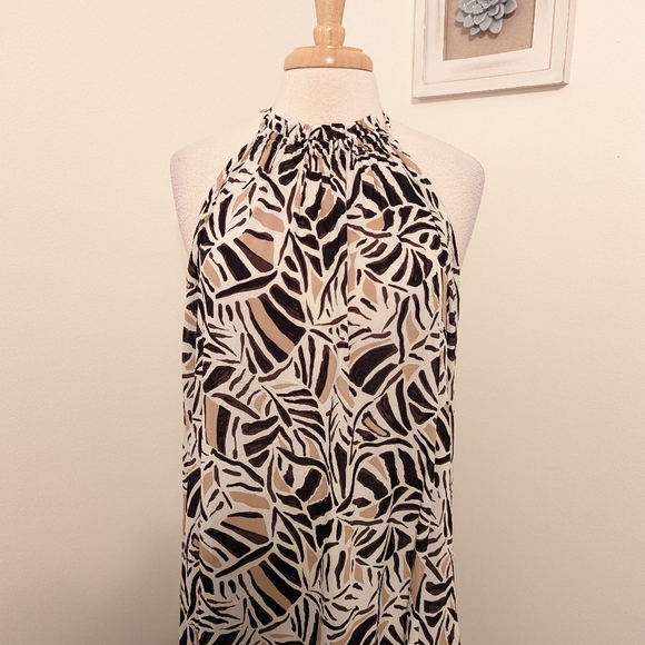 LOFT Beach Leafed Halter Ruffle Backless Maxi Dress Medium White Tan Brown - Picture 4 of 11